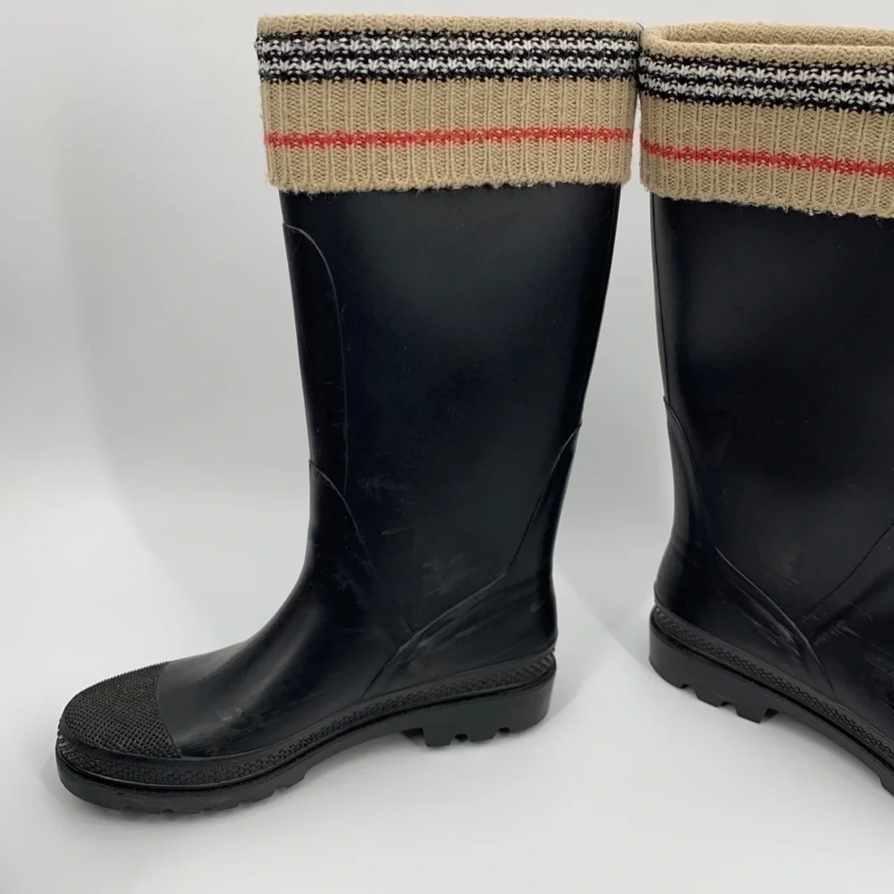 BURBERRY LONDON CLASSIC CHECK PLAID LOGO BLACK RUBBER TALL KNIT RAIN BOOTS